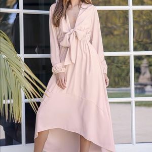 Lulus Beautiful Sight Blush Long Sleeve Tie Front Midi Dress Size L